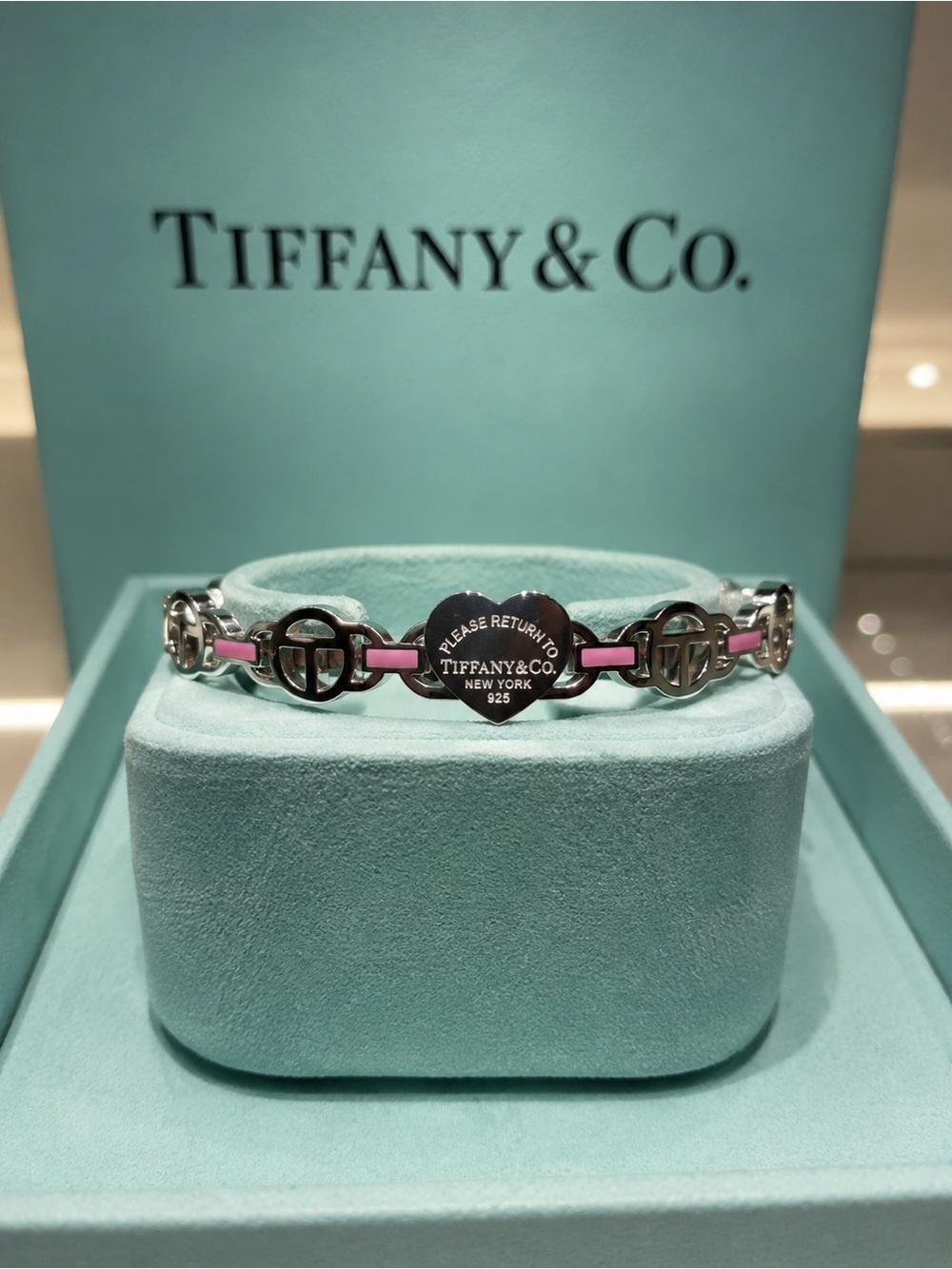 Tiffany & Co. Sterling Silver Stamped Bracelet with Pink Enamel Accents